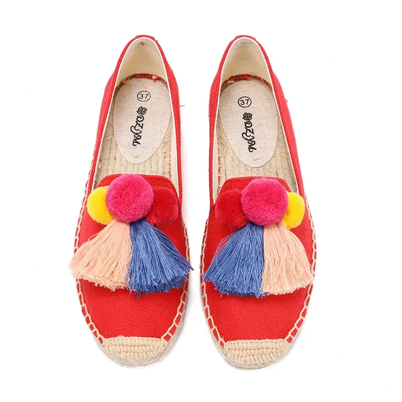 

Ladies flat fashion hair ball flat shoes retro all-match breathable linen women's laces fringed thick-soled espadrilles