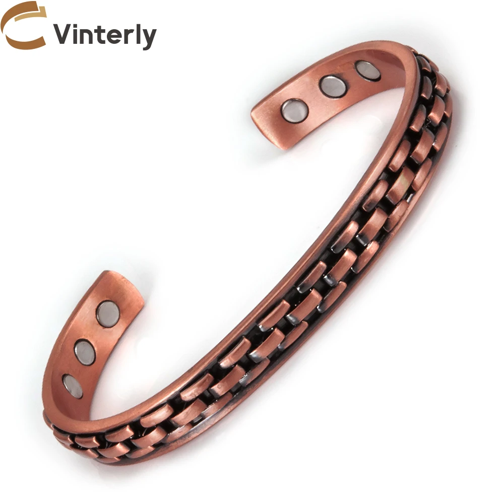 Vinterly Magnetic Pure Copper Bracelets Adjustable Cuff Energy Magnet Bangles Benefits Wristband Stripe Health Jewelry Men Women