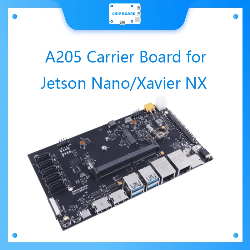 

A205 Carrier Board for Jetson Nano/Xavier NX with compact size and rich ports (6 CSI Camera, 2 HDMI, 5 SATA, M.2 key E supporte