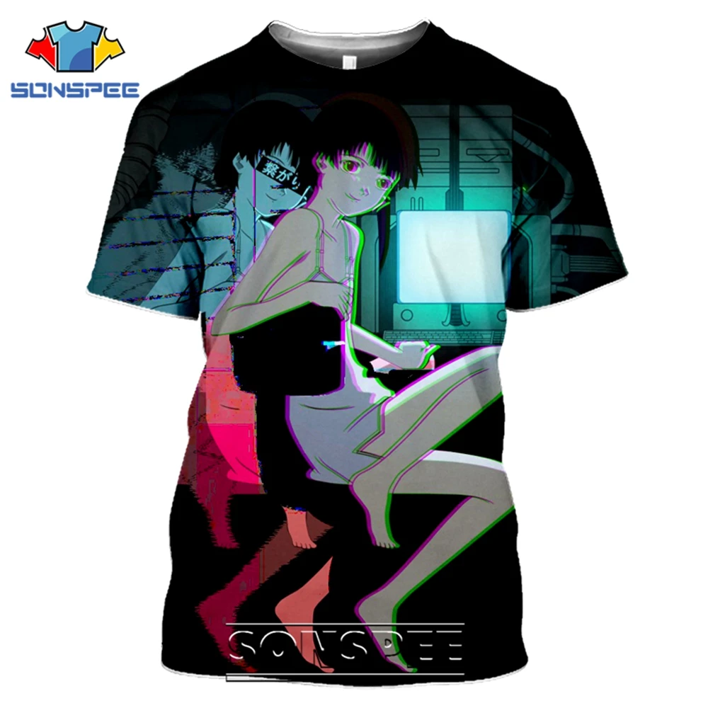 SONSPEE Anime Serial Experiments Lain Men's T Shirts Casual Japanese Harajuku Short Sleeve 3D Print Men Women Tees Shirts