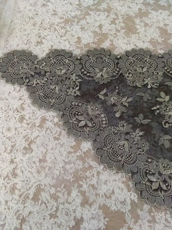 Silver Metallic on Black Shawl Chapel Catholic Veil Embroidery Spanish Lace Mantilla