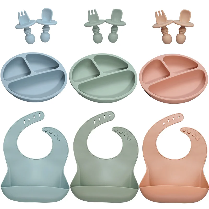 Baby Silicone Tableware Set Infant Solid Color Waterproof Bib Newborn Feeding Burp Cloth Toddler Dinner Plate And Mini Spoon