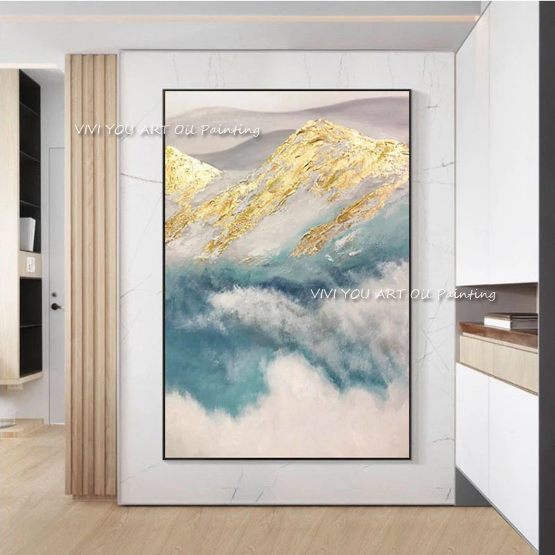 Abstract Light Gold Canvas Handmade Painting Minimalist Golden Picture Wall Art  Pictures for Living Room Bedroom Studio Decor