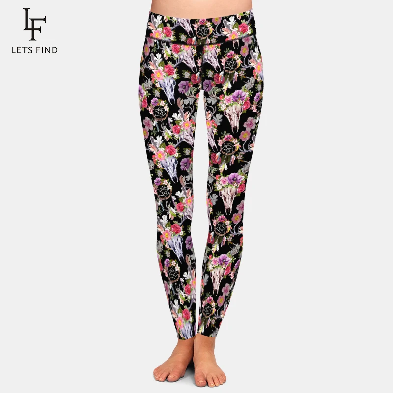 LETSFIND Fashion Winter Women High Waist Fitness Leggings 3D Deer Skulls with Flowers and Dreamcatchers Print  Leggings