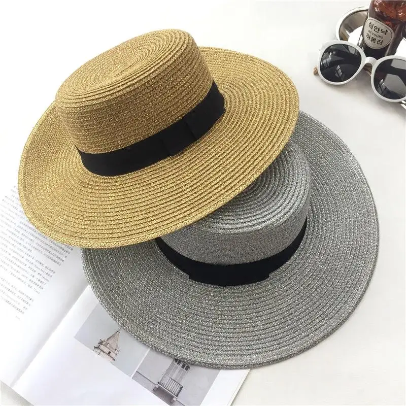 Ladies Sun Fedora Hats Small Bee Shiny Straw Hat European American Retro Gold Braided Female Sunshade Flat Sequins Hat