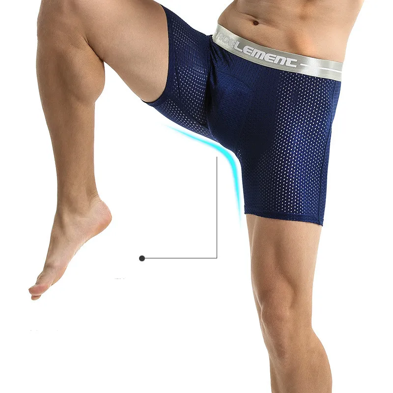 Cueca boxer masculina, roupa íntima sexy de malha de seda com bolsa respirável, tamanho grande