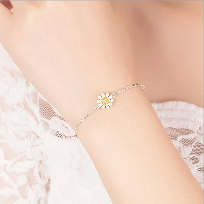 Real Pure 925 Sterling Silver Jewelry Romantic Vintage Daisy Flower Bracelets For Women Homme 2020 Pulsera De Plata Drop Ship