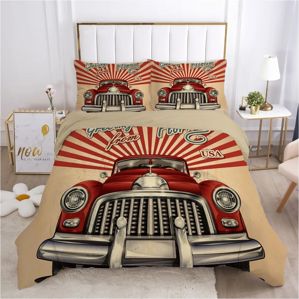 3D Duvet Quilt Cover Set Bedding SetsComforter Bed Linens Pillowcase King Queen Full Double Retro Style Car Red Home Texitle