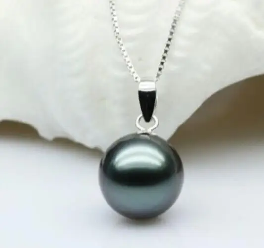 

hot sellnoble jewelry AAA+11-12MM natural Tahitian genuine black peacock pearl pendant + silver chain