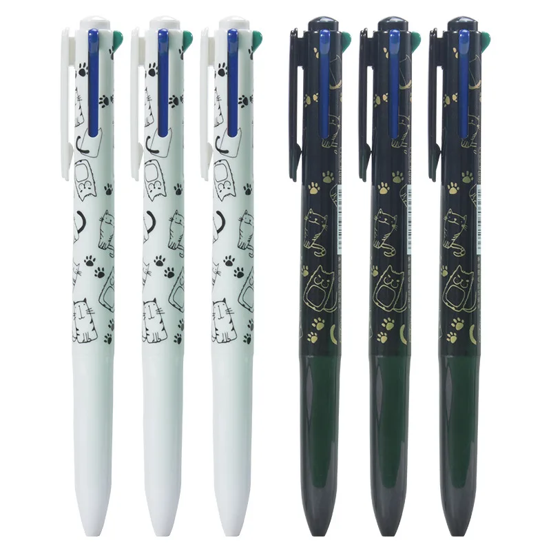 2 Pcs 4 In 1 Four-Color Black and White Cat Multicolor Ballpoint Pen Lovely Office Student Stationery Supplies