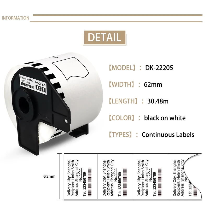 Thermal Label Printer Paper Label Roll DK 22205 22210 11208 11209 11201 DK11202 DK11204 Compatible Brother Labeller QL500 QL570