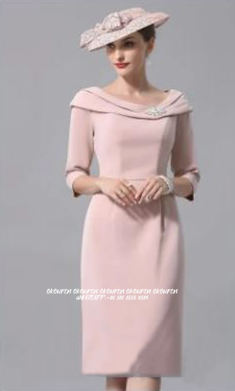 

Mother of the Bride Dresses 2024 Portrait 3/4 Sleeves Sheath Knee Length Brooch Pink Short Wedding Guest Gown Vestido Madrinha