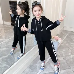 2024 autumn teenager winter kids baby Girls Tracksuit striped thick hoodied tops + sport pants Child 4 5 6 7 8 9 10 11 12 years