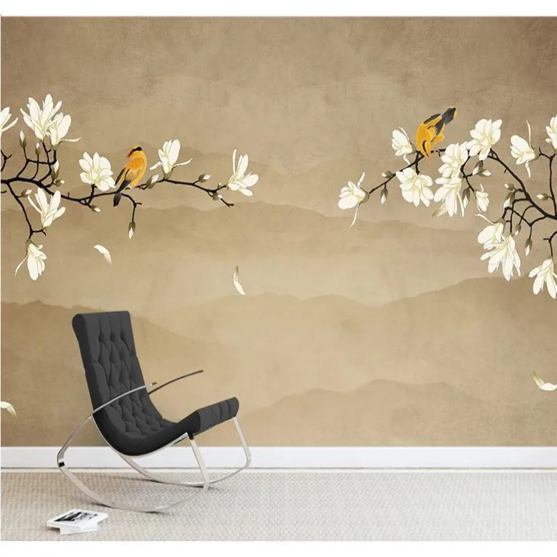 Custom mural wallpaper Chinese style magnolia flower hand-painted flowers and birds background wall decoration painting