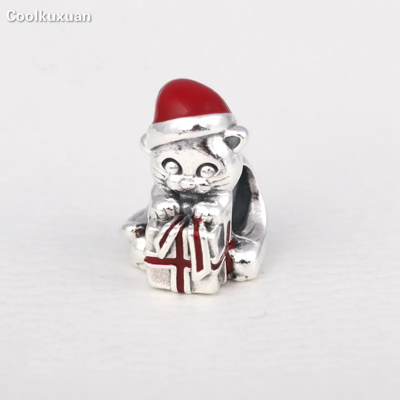 100% 925 Sterling Silver Christmas Kitten Charms Red Enamel Hat Ribbon Wrapped Gift Cat Animal Beads Fits Pandora Bracelet Diy