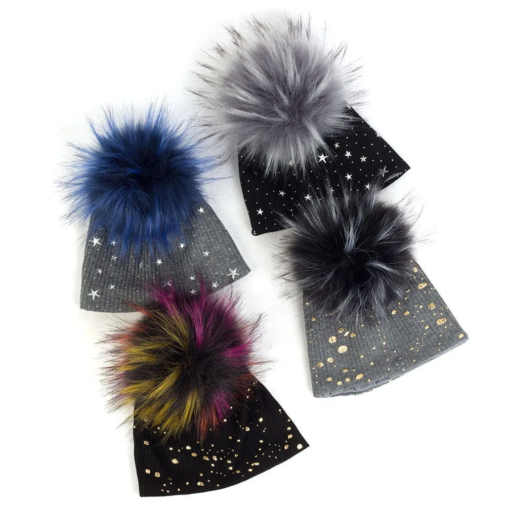 Newborn Cotton Gold Splatter Paint Ribbed Unisex Beanies Hats Baby Girls Cut Star Print Striped With Faux Fur Pom Pom Caps