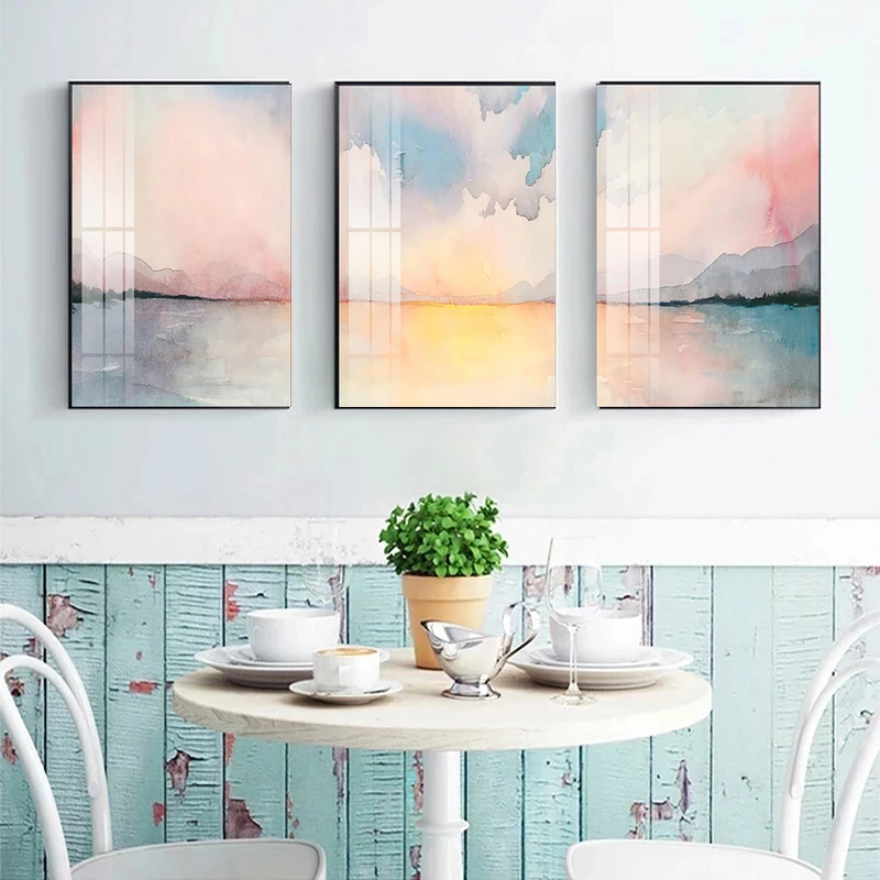 Watercolor Abstract Pink Seaside View Canvas Painting Nordic Landscape Painting Decor Modern Poster for Girlish Room Aisle Decor