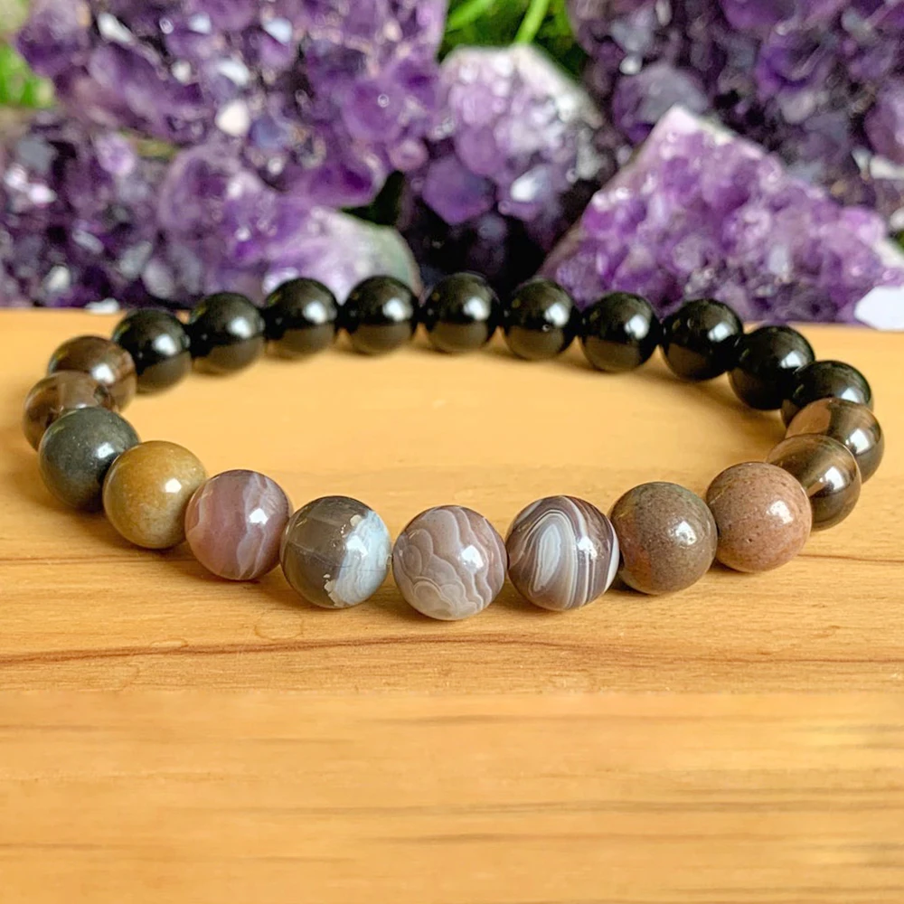 

MG1288 Natural Botswana Agate Smoky Quartz Bracelet Women`s Root Chakra & AAA Black Tourmaline Energy Bracelet