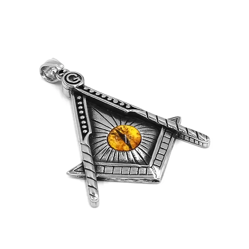 Freemasonry Compass Masonic Pendant Stainless Steel All Seeing Yellow Eye Illuminati Pyramid Biker Men Gift Pendant SWP0547A