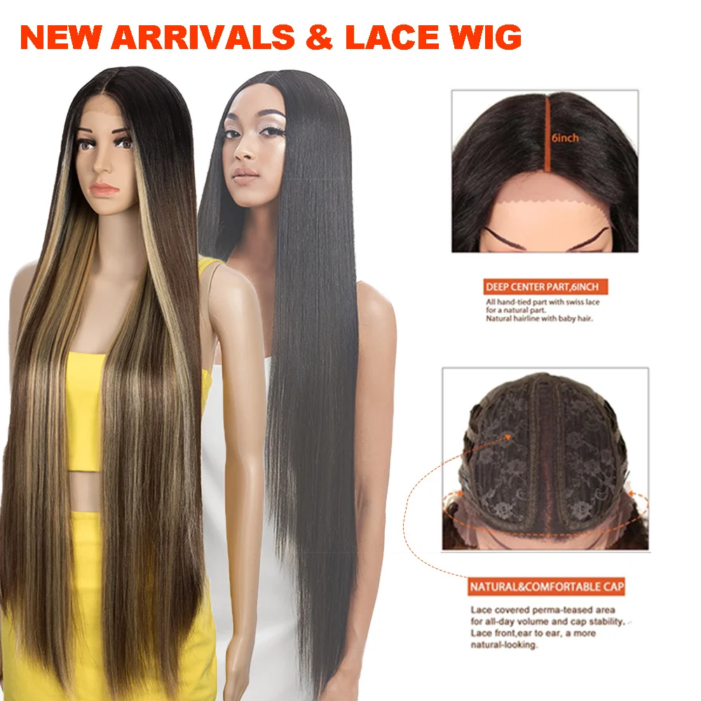 Perruque Lace Wig synthétique lisse 38 pouces-Noble, perruque de cosplay blonde ombrée pour femmes noires