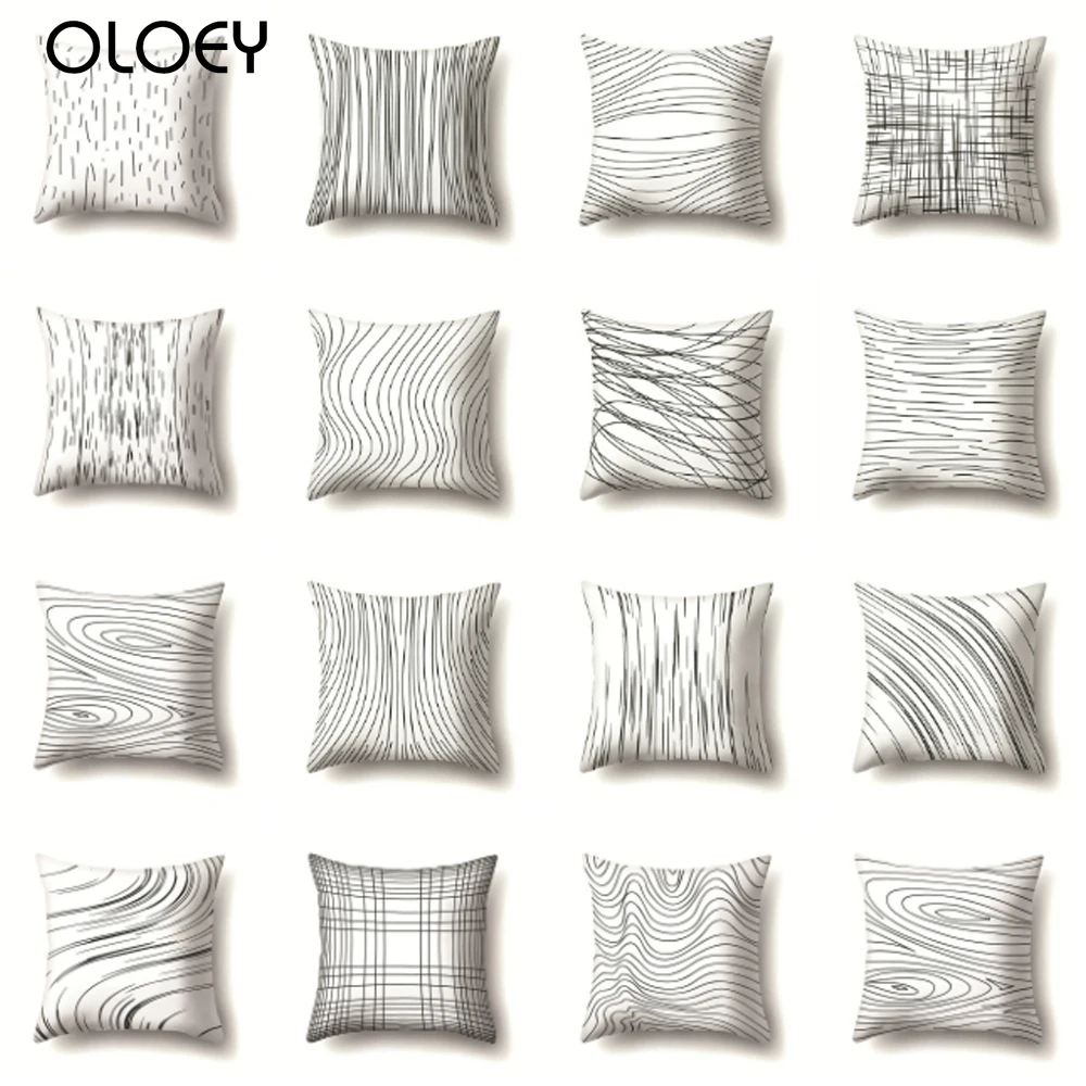 Black and White Geometric Abstract Line Decorative Cushion Cover Striped Polyester Throw Pillow Case Fundas De Cojin 45X45CM