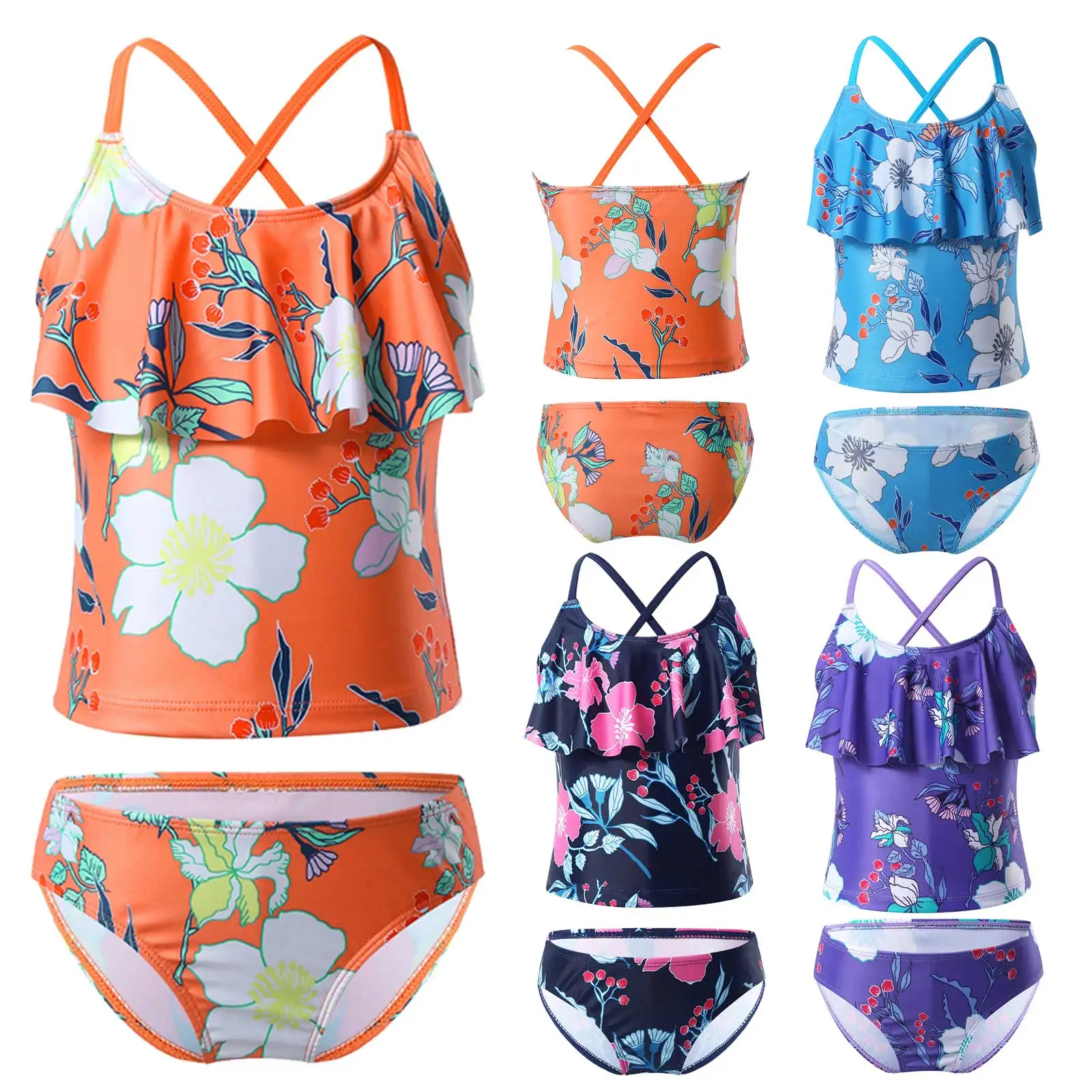 Kids Girls Swimwear Ruffle Neck Floral Pattern Tankini Swimsuit Swimwear Bathing Suit Set Tops with Bottoms Beach Bathing Suit