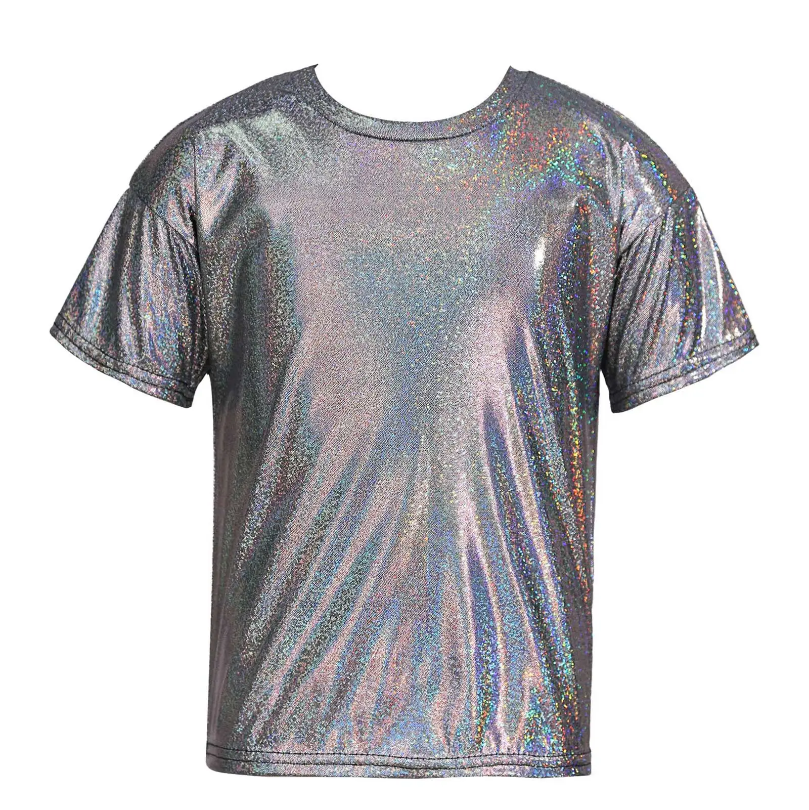 Kids Boys Girls Shiny Metallic Jazz Street Dance Tops Short Sleeve T-shirt Children School Party Stage Performance Dancewear