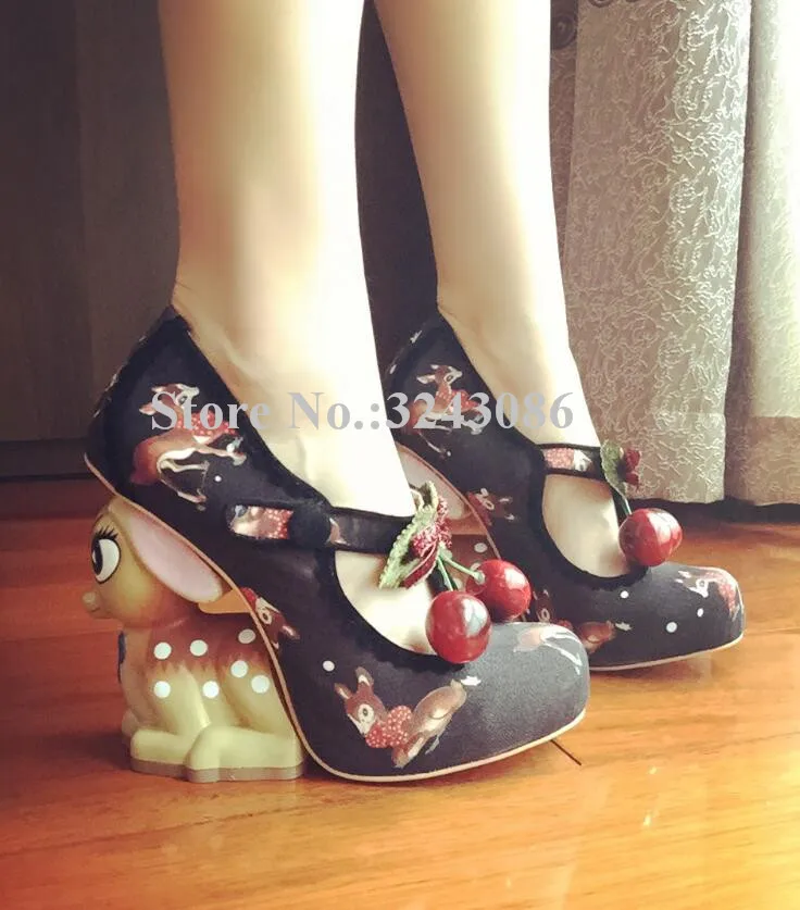 Unique Design Handmade Little Deer Heel Pumps Sweet Cherry Decor Strange Style Heel Wedding Shoes Fashion Ladies Banquet Shoes