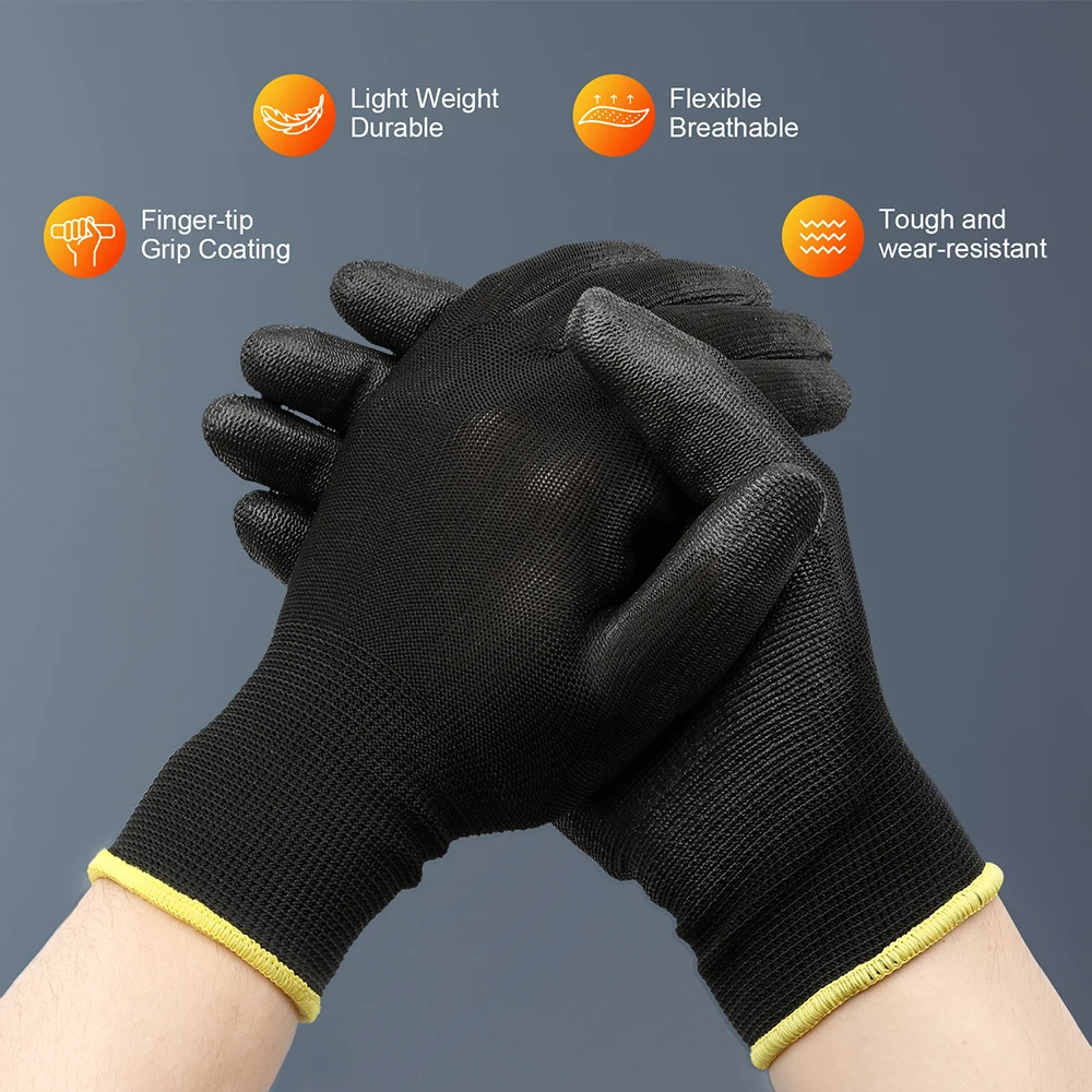 24pieces/12 Pairs Pu Nylon Safety Coating Work Gloves Excellent Grip Work Industrial Protective Builders Gardening Supply S M L