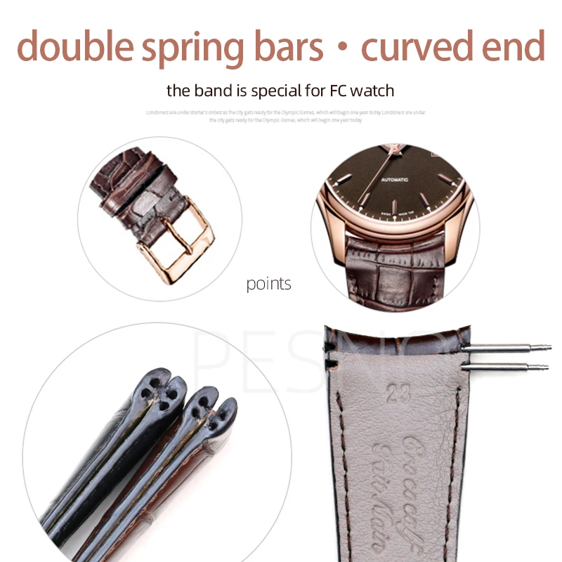 PESNO Calf Skin Genuine Leather Watch Bands Double Spring Bats Curved End Top Layer Leather Men Watch Straps Suitable for FC 303