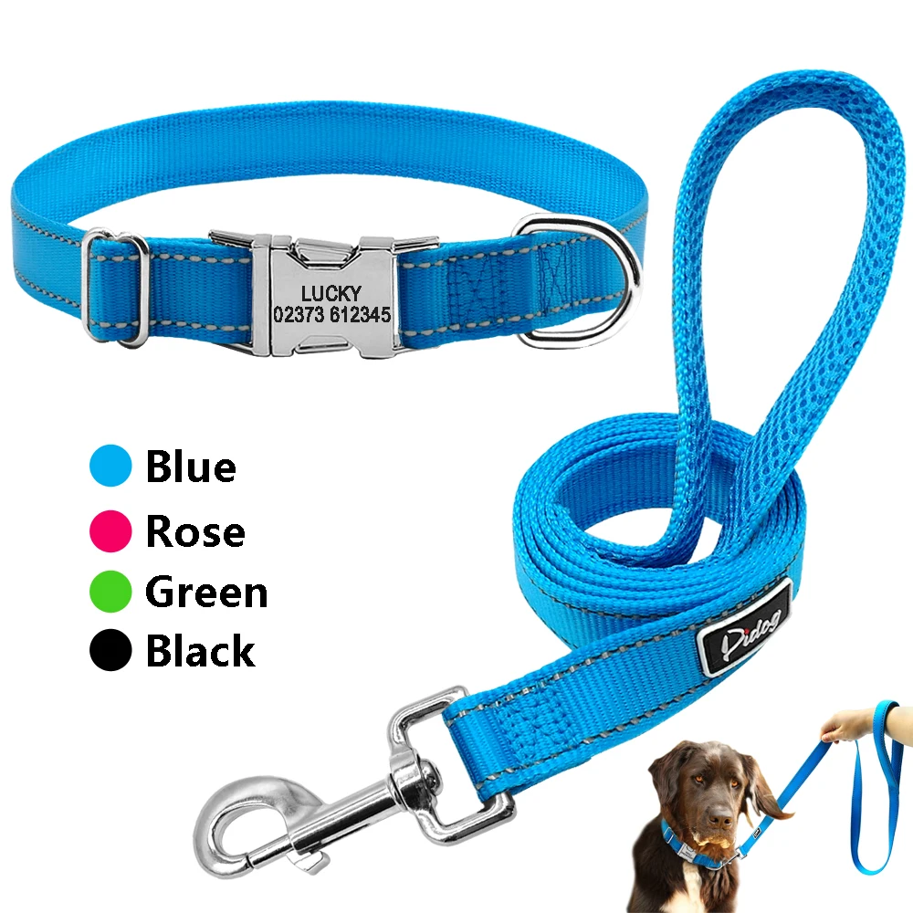 Personalized Dog Collar and Leash Set Reflective Nylon Pet Collars Lead Leash Engraved ID Tag for Small Large Dogs Pitbull