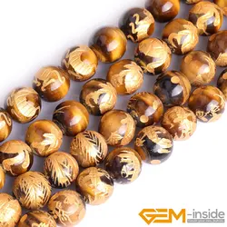 Natural Tiger Eye Carved Dragon Turtle Tiger Phoenix Round Accessorries Loose Spacer Beads For Jewelry Making Strand 15 Inch