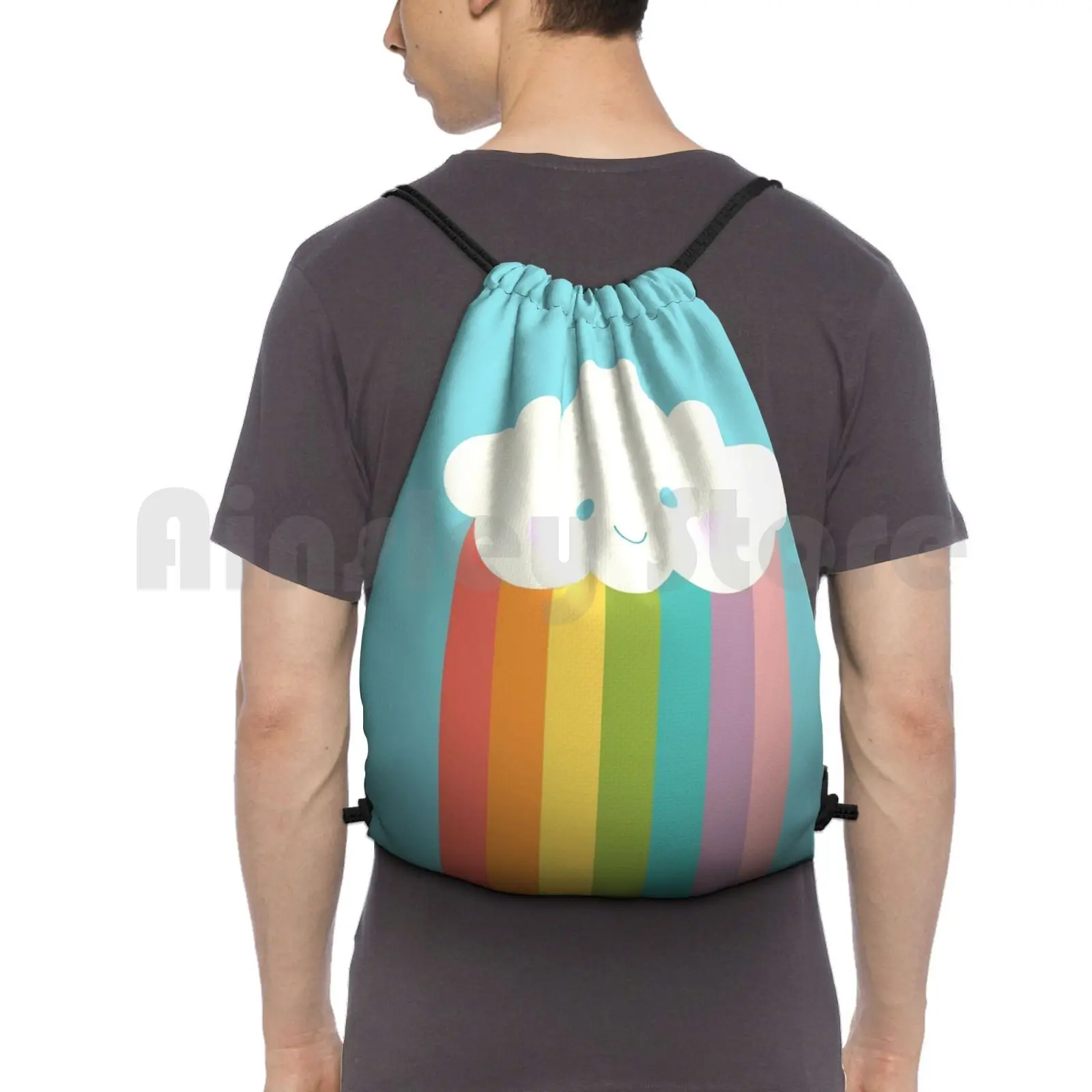 Proud Rainbow Cloud Backpack Drawstring Bags Gym Bag Waterproof Rainbow Pride Proud Minimalist Minimal Pop Art Blue