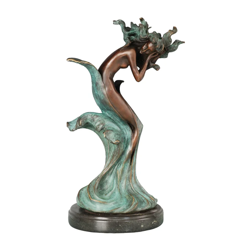 Sea Girl Statue Sculpture Hot Cast Bronze Marble Base High-end Home Decoration Collectible Figurine