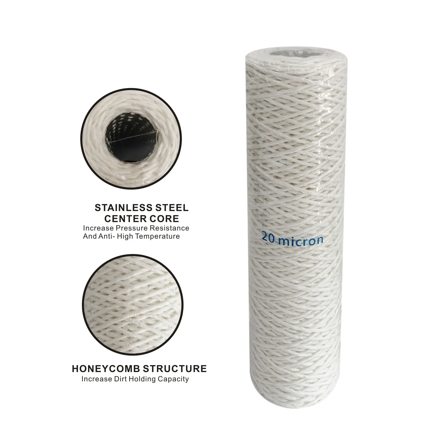 Filtro a cartuccia di ricambio avvolto in filo di cotone da 20 Micron con anima in acciaio inossidabile, 2.5 "x 10" , anti alta temperatura