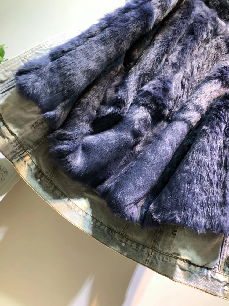 Real Fox fur thicker warm denim parkas jacket female winter fashion real rabbit fur liner detachable fur padded warm jacket F460