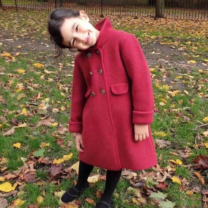 Spanish Winter New Girls Wool Coat Double Row Button Wine Red Coat Size 3-12years Baby Girl Winter Clothes Christmas Jacket