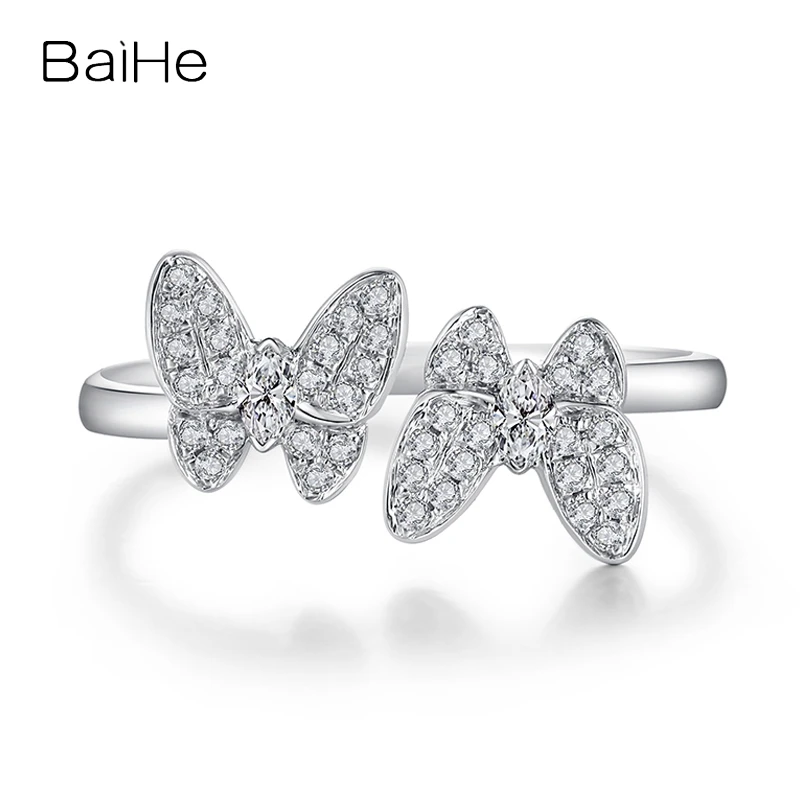 BAIHE Solid 18K White Gold 0.20ct H/SI Light Luxury Personality Double Butterfly Design Party Diamond Ring Women Fine Jewelry