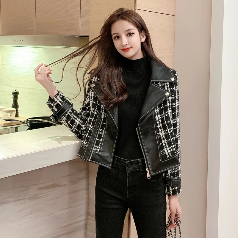 

Wild Xiao Xiangfeng was thin tweed stitching PU leather handsome Korean coat motorcycle jacket female tide