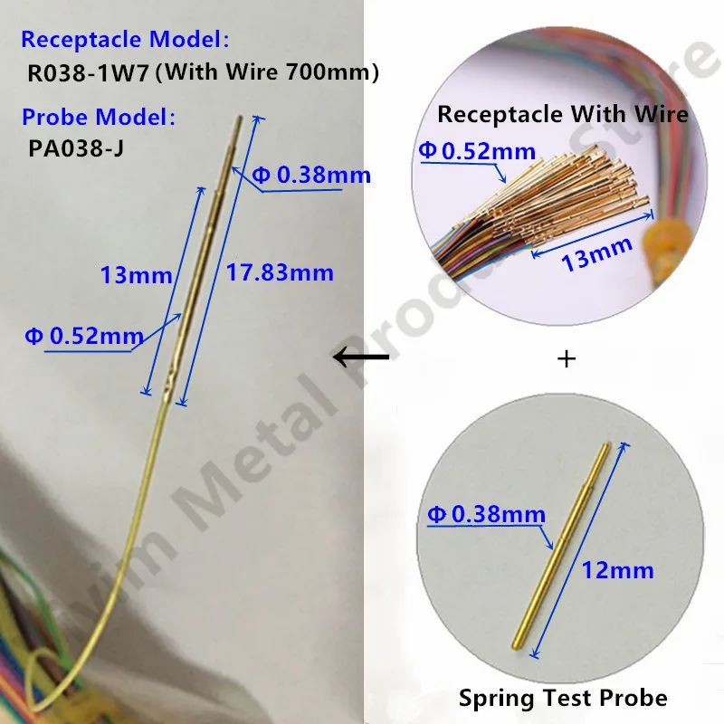 200PCS Spring Test Probe Receptacle With Wire 30AWG OK Wire R038-1W7 Test Needle Sleeve Socket Length 700mm