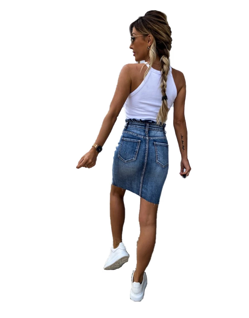 Casual High Waist Denim Skirt Ruffle Light Wash Women Distressed Mini Pencil Skirt ladies Sexy Ripped Summer Vintage Jeans Skirt