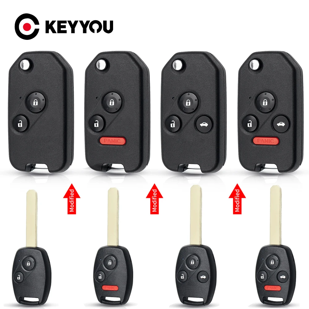 KEYYOU 2/3/4 Buttons For Honda Accord Civic 2006-2011 CRV 2018 Pilot Fit With Rubber Pad Modified Remote Flip Car Key Shell Case