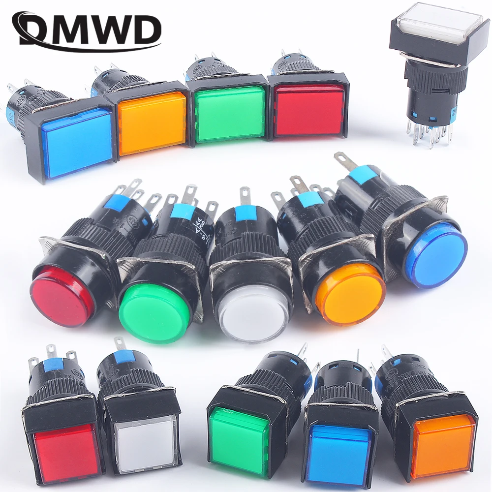 16MM 1NO1NC/2NO2NC Latching Lock Momentary Reset Plastic Push Button Switches Square Rectangle Round Head With Light No light