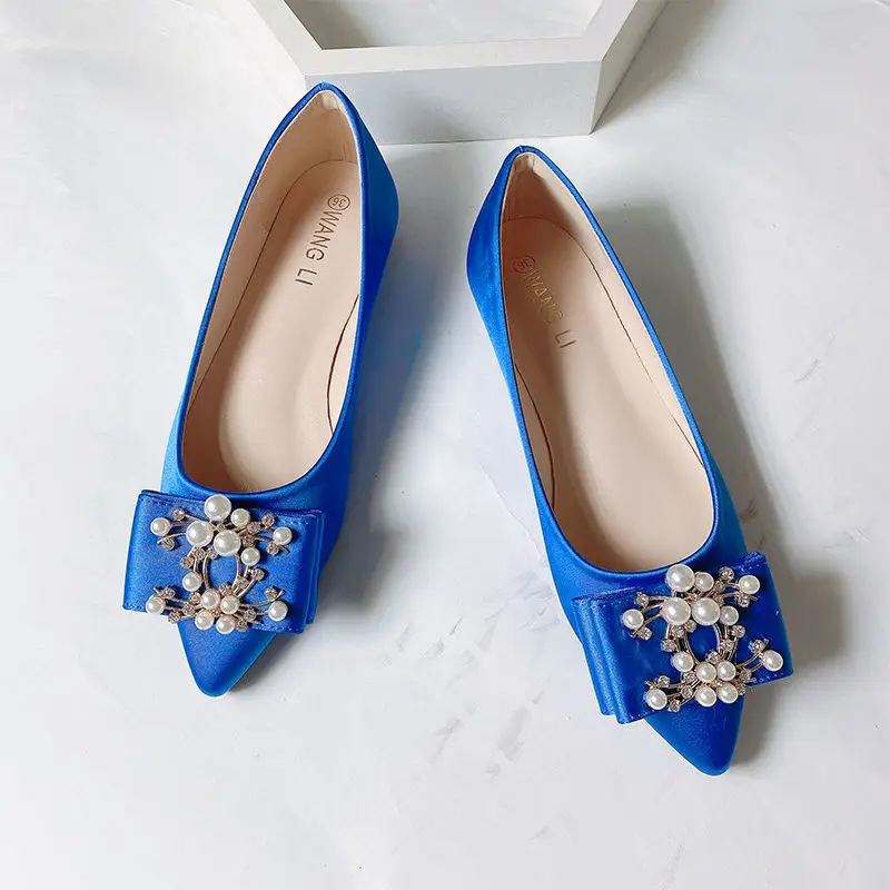 Silk Satin Wedding shoes Flats Plus Big Size Elegant Women Shoes,Dark Blue/Royal Blue Satin Pears Shoes Loafers SIZE31-44 US11