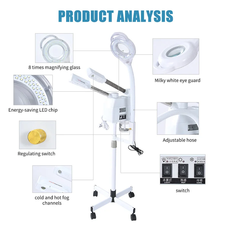 3 in 1 Facial Steamer Hot and Cold Steam with 8X LED Magnifying Lamp Ozone Nano Ionic Humidifier Vaporizer Aromatherapy Mist