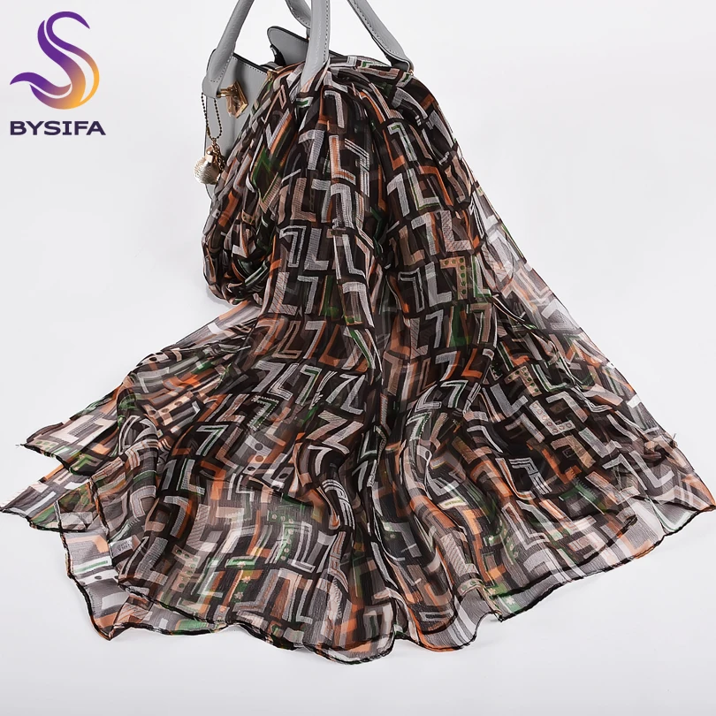 [BYSIFA] New Coffee Letter Silk Scarf Hijabs 2020 Women Long Scarves Autumn Ladies Pure Silk Scarves Fashion Brand Neck Scarves