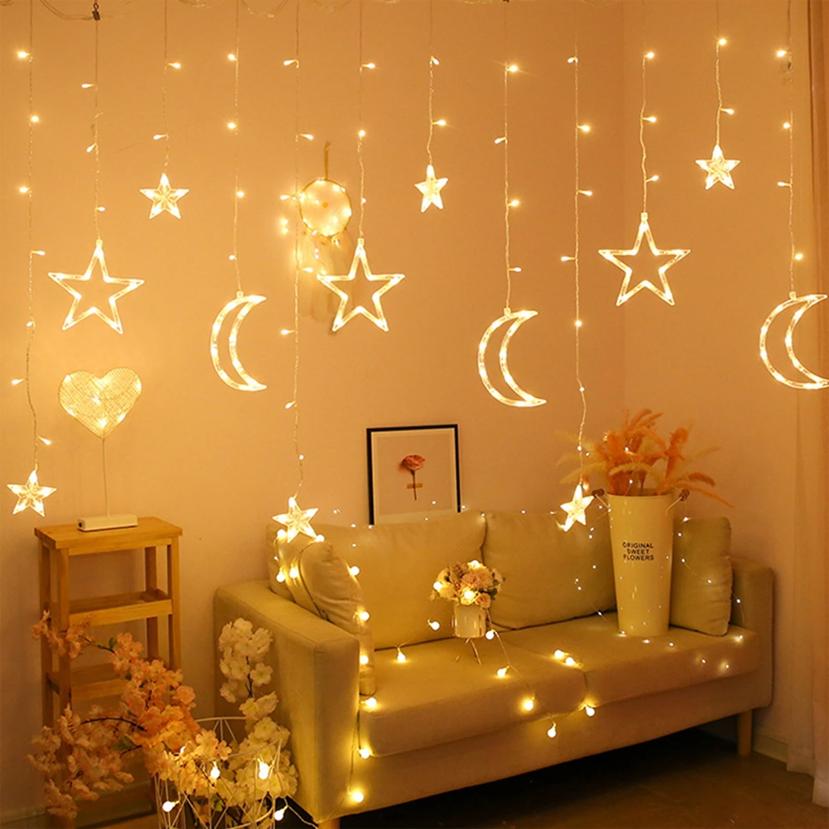 Star Moon Led Curtain Garland String Light Eid Mubarak Ramadan Decoration Islam Muslim Party Decor Eid Al Adha Gift Eid Mubarak