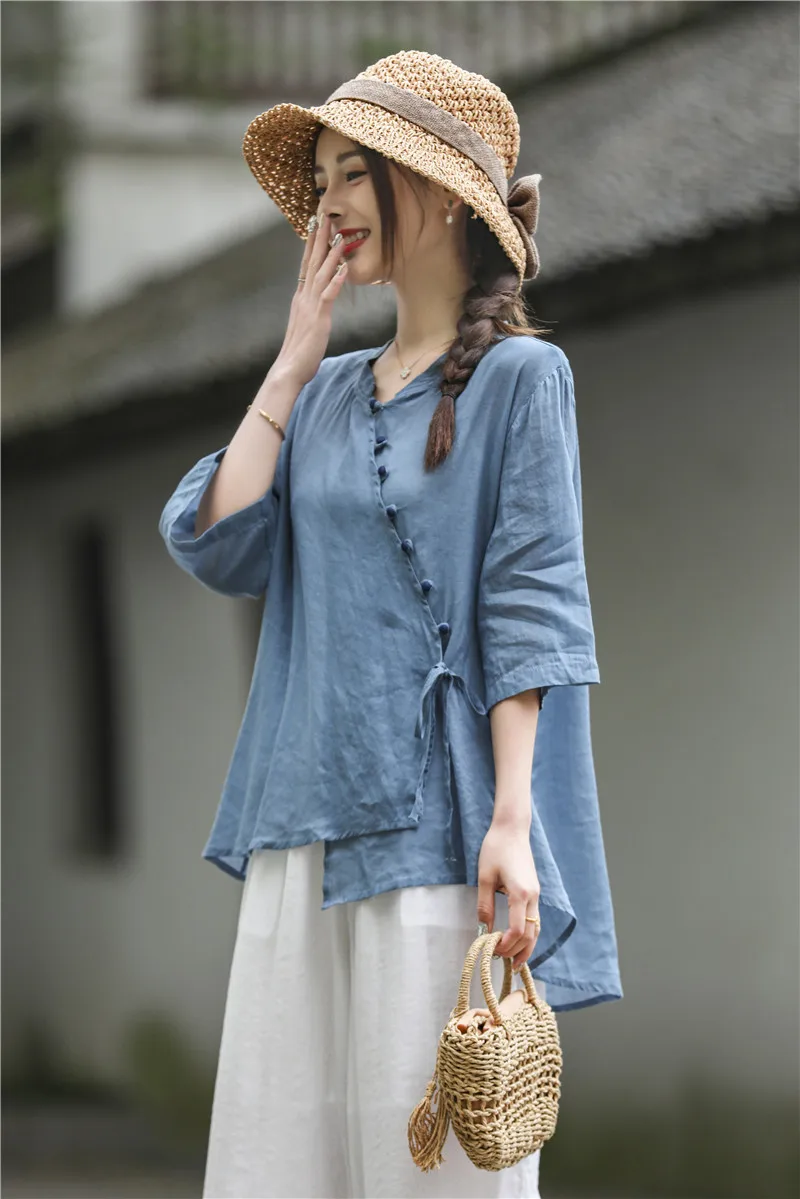 Summer new national style button top cotton linen retro Chinese ramie short sleeve shirt women sun proof blouse