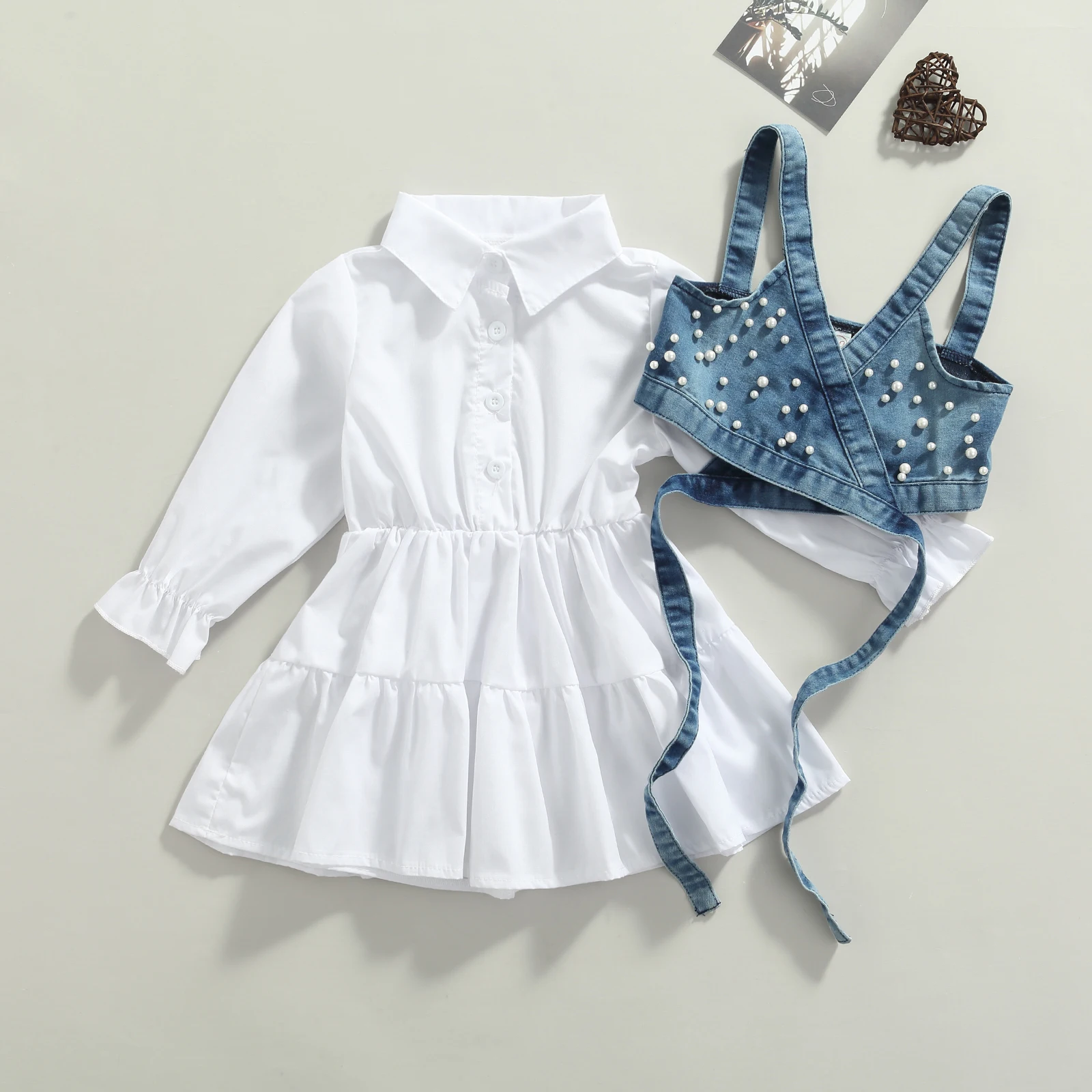 Baby Girls 2Pcs A-Line Shirt Dress Long Sleeves Denim Beading Vest with Pearl Deccor Solid Color Summer Clothes Outfit 1-6 Years