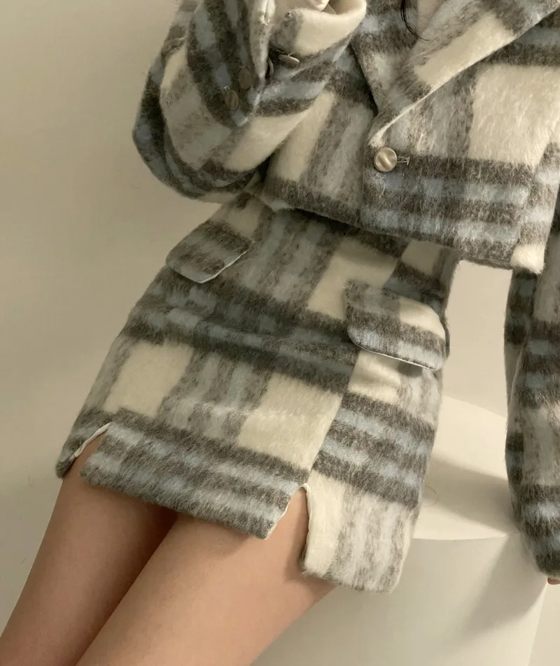 2022 frühjahr Weiblichen Plaid Woolen Anzug Zwei Stück Sets Hohe Taille Mini Rock Saison Wolle-mischungen Kurze Jacke Oberbekleidung Streetwear